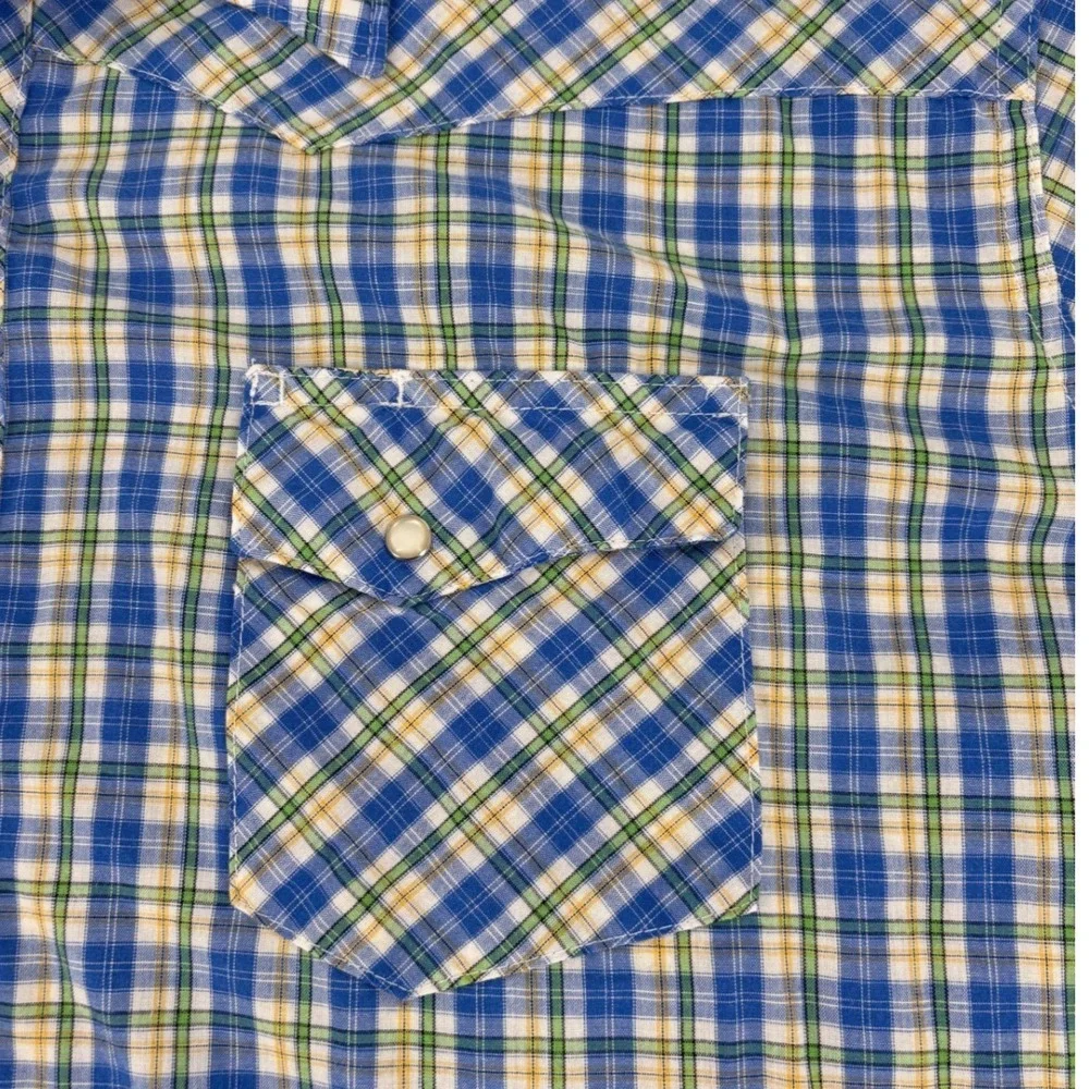 Wrangler Wrancher Mens 2XL Tall Western Shirt‎ Blue Green Plaid Pearl Snap